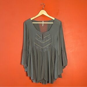 Free People Boho Embroidered Gray Flowing Tunic Top